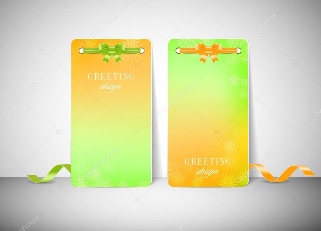 Two vector greeting cards with colorful background and silky ribbon bow knots