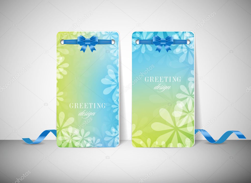 Two vector greeting cards with colorful background and silky ribbon bow knots