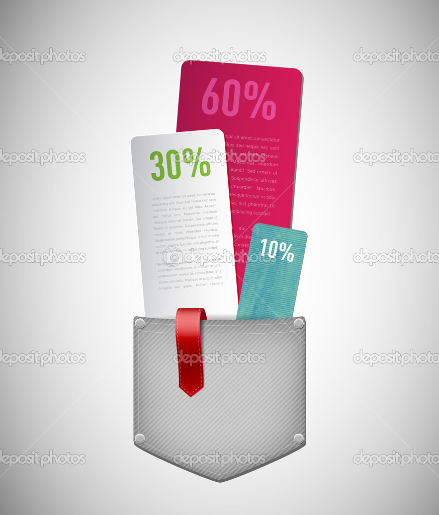 Vector infographic denim pocket with percentage paper cards and ribbon tag