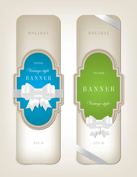 Two vector vintage style cardboard banners with festive silky bow knots - blue and green — Stock Vector