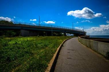 Brooklyn, New York, ABD 'deki Bay Ridge Gezinti Güvertesi' nden Verrazzano-Narrows Köprüsü 'ne bakın.