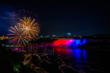 Kanada 'nın Niagara Şelaleleri, American Falls, Horseshoe Falls, Niagara Nehri, turistik bölgeler, kumarhaneler, havai fişekler ve gün batımında tekne turları; Niagara Şelaleleri, Ontario, Kanada