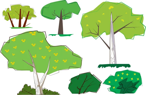 Una collezione di alberi e arbusti in stile cartone animato anni Sessanta — Vettoriale Stock