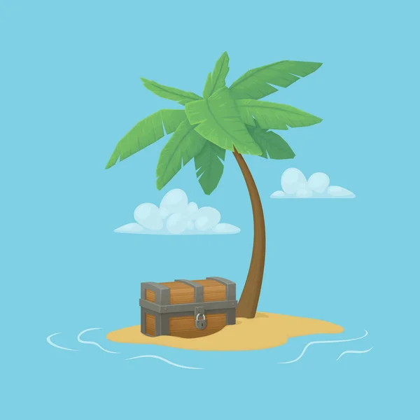 Single Palm Tree Old Wooden Chest Tiny Island Ocean Blue — Stock Vector