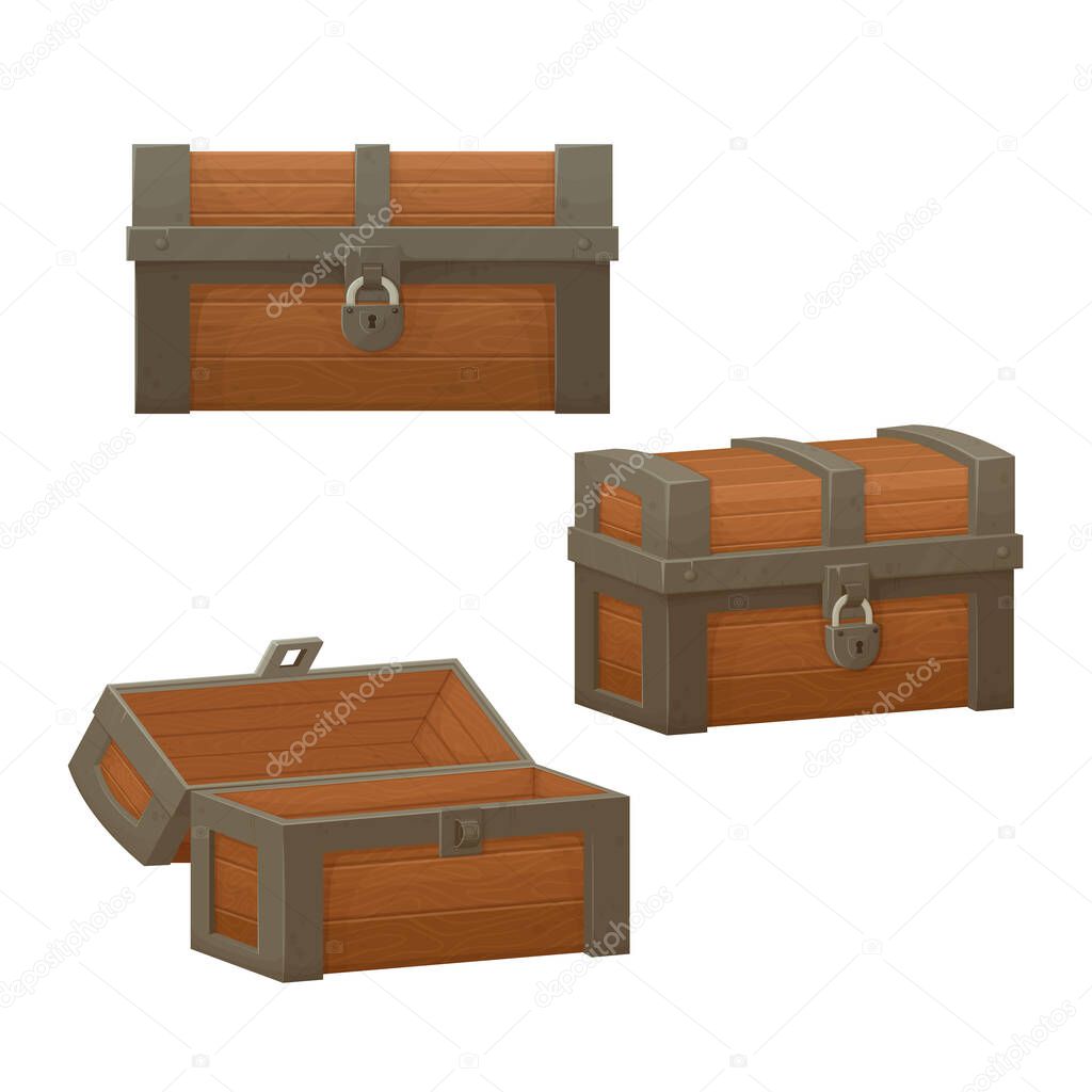 Old wooden chest with opened and closed lid.  Pirate treasure. Vintage trunk.Cartoon style illustration. Vector.