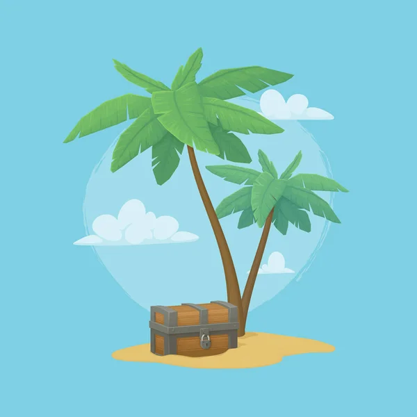 Couple Palm Trees Old Wooden Chest Tiny Island Ocean Blue — Stock Vector