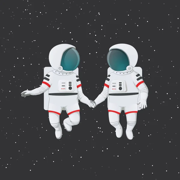 Couple Astronauts Floating Space Holding Hands Love Romance Relationship Friendship — Stock Vector