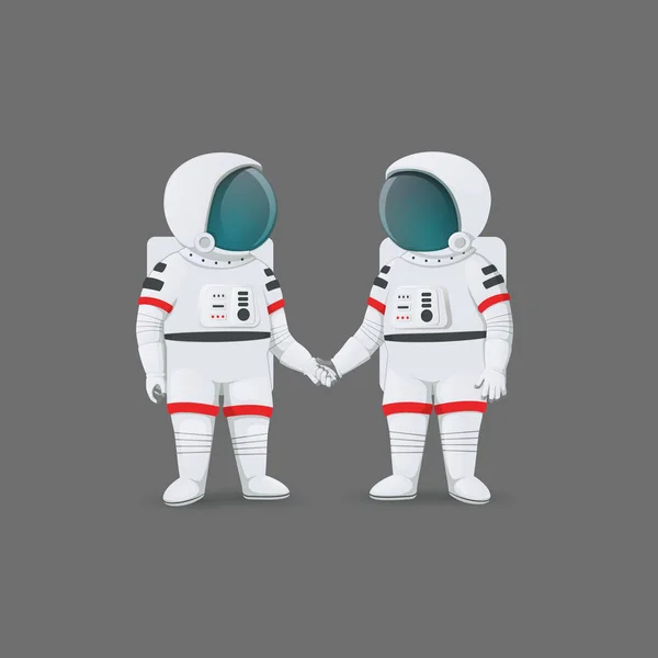 Een Paar Astronauten Staan Hand Hand Geïsoleerd Een Grijze Achtergrond — Stockvector