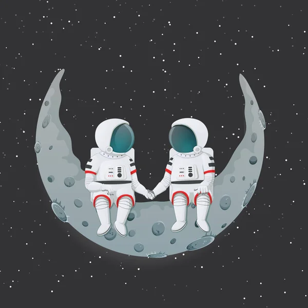 Couple Astronauts Sitting Crescent Moon Holding Hands Love Romance Relationship — Stock Vector