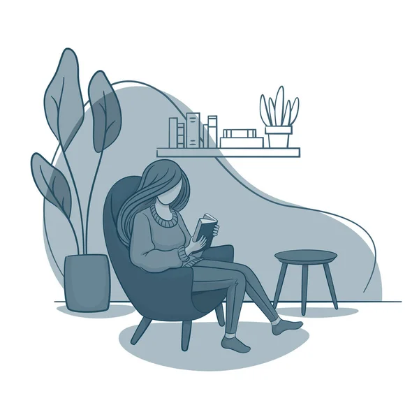 여자가 의자에 있습니다 책읽고 공부하고 테이블 식물이 조가비를 일러스트 — 스톡 벡터