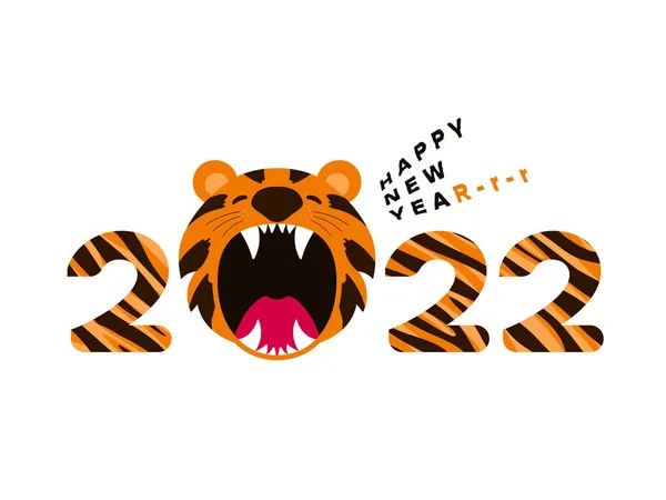 Gott nytt år i Kina 2022. Tecknad söt rytande tigerhuvud med 2022 år ord. Tiger är Zodiac symbol för 2022 Nytt år. Gratulationskort med text Gott Nytt År. EPS vektor illustration. — Stock vektor