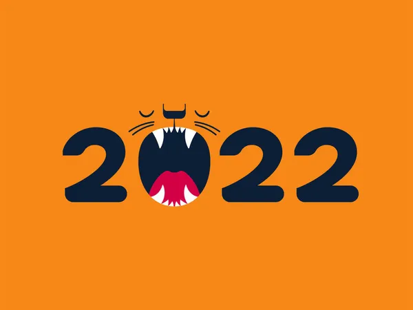 Feliz Año Nuevo Chino 2022. Dibujos animados lindo tigre rugiente cabeza con 2022 año palabras. Tigre es el símbolo del zodíaco de 2022 Año Nuevo. Tarjeta de felicitación con texto Feliz Año Nuevo. Ilustración vectorial EPS. — Vector de stock