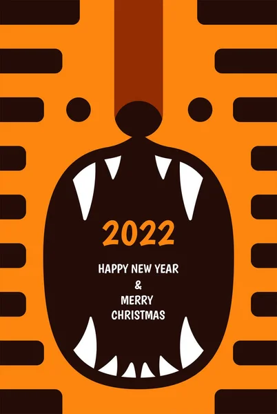 중국의 새해 복 많이 받기 2022. 만화 속귀엽고 으르렁 거리는 호랑이 머리의 근접 사진 2022 년 단어. 호랑이는 2022 년 새해의 조디악 상징이다. 해피 뉴 이어 문자로 인사말 카드. EPS 벡터 일러스트. — 스톡 벡터
