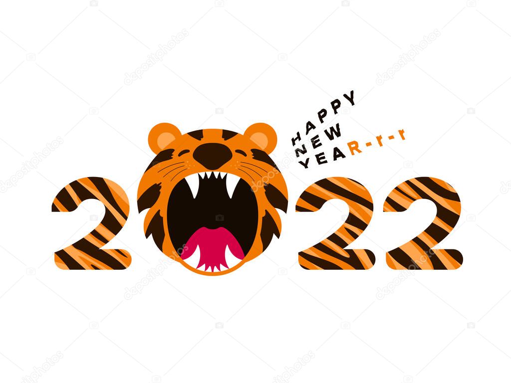 Happy Chinese New Year 2022. Cartoon cute roaring tiger head with 2022 year words. Tiger is Zodiac symbol of 2022 New year. Greeting card with text Happy New Year. EPS vector illustration.