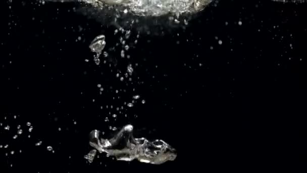 Bulles d'air à mouvement lent dans l'eau montant à la surface sur fond noir — Video