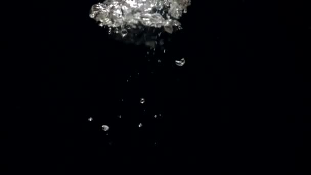 Slow motion luftbubblor i vatten stiger upp till ytan på svart bakgrund — Stockvideo