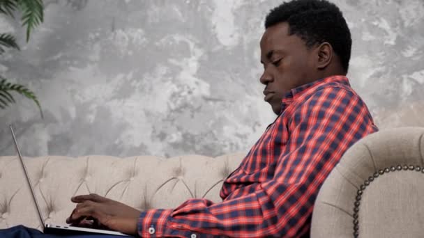 Africký americký podnikatel pracuje notebook on-line chatování se zaměstnanci společnosti — Stock video