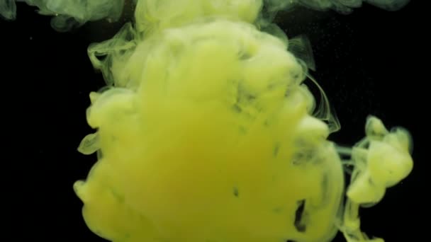 Pintura acrílica de tinta amarilla de cámara lenta mezclándose en agua, girando suavemente bajo el agua — Vídeos de Stock