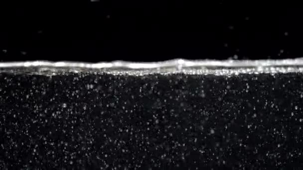 Petites bulles d'air au ralenti dans l'eau montant à la surface sur fond noir — Video