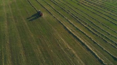 Hava görüşü traktör balyalama makinesi tarlalarda, buğday tarlalarında tahıl balyaları yapıyor.
