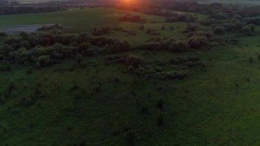 Hava manzaralı gün batımı veya drone 'da gün doğumu Ormanda güzel yaz güneşi