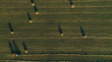 Balyalama makinesi olan hava üst görünüm traktörü tarım arazisinde tahıl balyası yapıyor