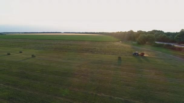 Αεροφωτογραφία ελκυστήρα μηχανή δεματοποίησης που κάνει ενσιρωμένες μπάλες σε γεωργική γη, κομμένο σιτάρι — Αρχείο Βίντεο