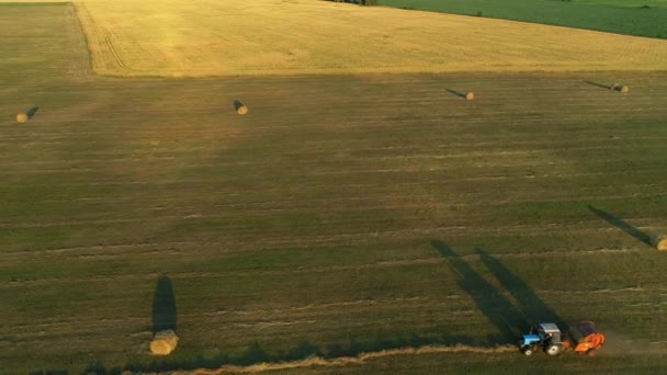 Трактор Воздушным Обзором Тюками Изготовления Силосных Тюков Сельскохозяйственных Угодьях Дрон — стоковое видео