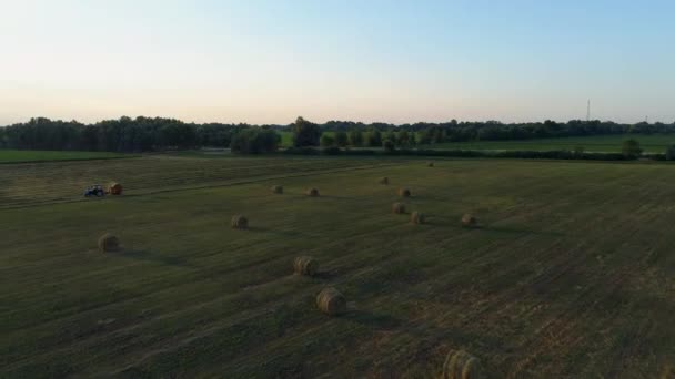 Luchtfoto Hooibalen Het Landbouwveld Zomer Bij Zonsondergang Drone Schoot Hooiberg — Stockvideo