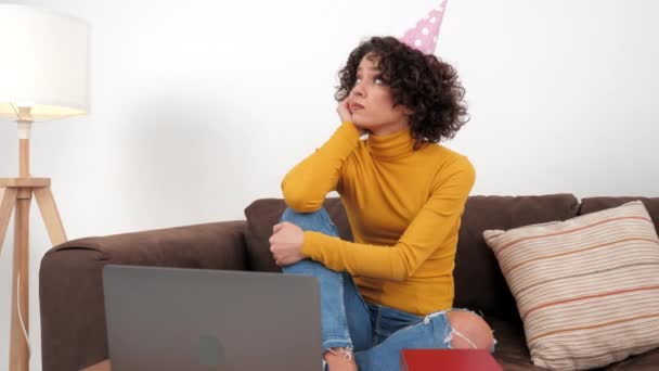 Upset Curly Woman Party Hat Looking Away Celebration Online Holiday — Stock Video