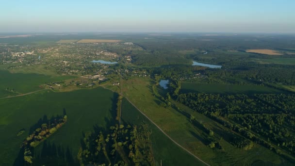 夏天空中观赏美丽的风景 无人机在玉米地上空飞行 无人机射中了村庄的自然 森林和池塘 — 图库视频影像