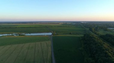 Aerial view beautiful summer landscape at sunset or sunrise. Drone flying over wheat field in evening or morning. Drone shot nature, forest and pond in village