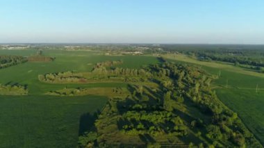 Yazın hava manzarası çok güzel. Güneşli bir günde mısır tarlasında uçan insansız hava aracı. Drone doğayı, ormanı ve köyü vurdu.