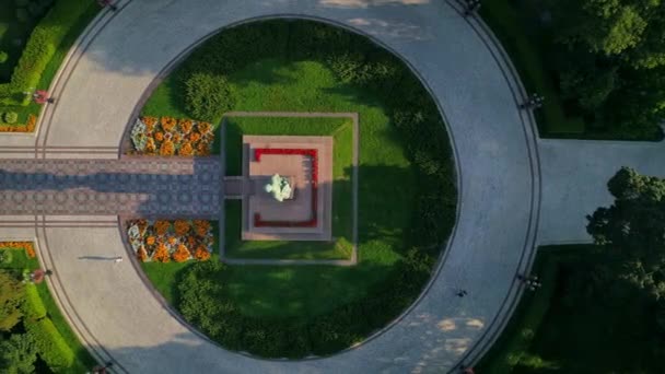 여름날 공원에 아스그리고 로비치 기념비 공중에서 내려다 보이고 우크라이나 — 비디오