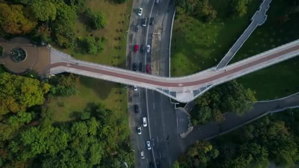 Drone Luftaufnahme Schöne Kiewer Fußgänger Und Fahrradbrücke Klitschko Einem Sonnigen — Stockvideo