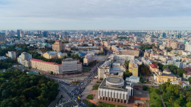 Independence Square. Ukraine. Kyiv. September 06, 2021. Aerial drone photo cityscape historical Buildings in center Kiev. Maidan Nezalezhnosti. Revolution of pride. Orange Revolution