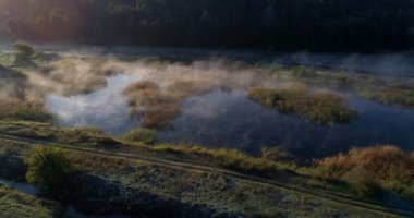Drone hava manzaralı güzel göl gün doğumunda ormanın yakınında sisle kaplıydı.