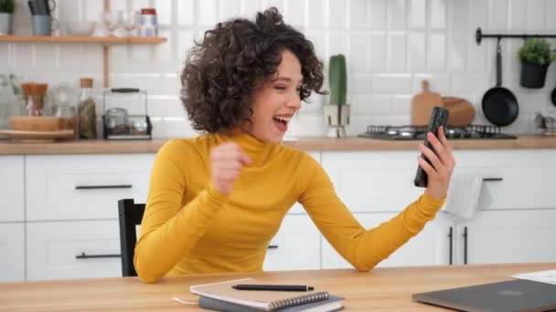 Happy Hispanic Curly Woman Listens Talking Online Remote Video Call — Vídeo de Stock