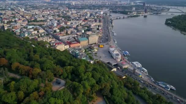 Widok Lotu Ptaka Piękny Kijów Miasta Rzeki Stacji Pocztowych Obszaru — Wideo stockowe
