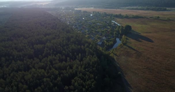Drone Aerial View Small Village Forest Field Sunrise — 비디오