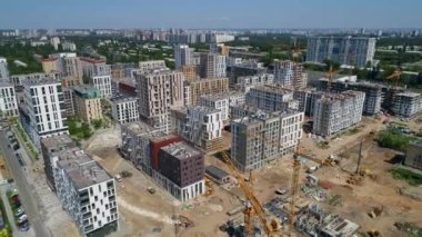 Drone aerial view cityscape modern building Residential complex Nice town. Construction of residential premises. Kyiv capital of Ukraine
