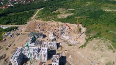 Aerial view construction of residential premises. Drone shot modern building Residential complex Respublika. Kyiv capital of Ukraine