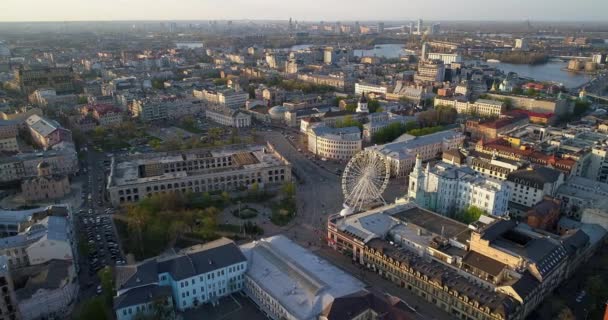 Aerial View Kyiv Cityscape Beautiful Sunset Drone Shot Contract Area — Stockvideo