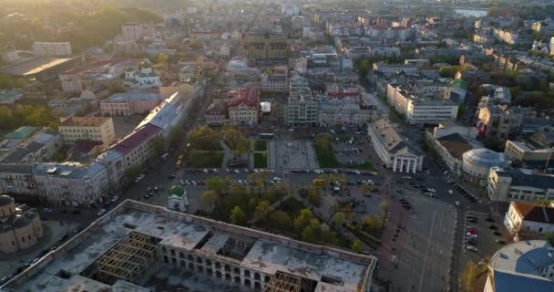 Aerial View Kyiv Cityscape Beautiful Sunset Drone Shot Contract Area — стокове відео