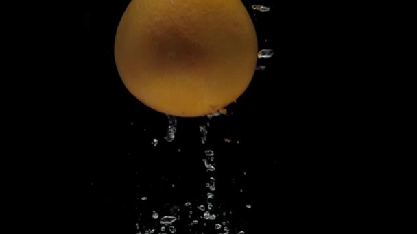 Slow Motion One Grapefruit Falling Transparent Water Black Background Fresh — Stok video