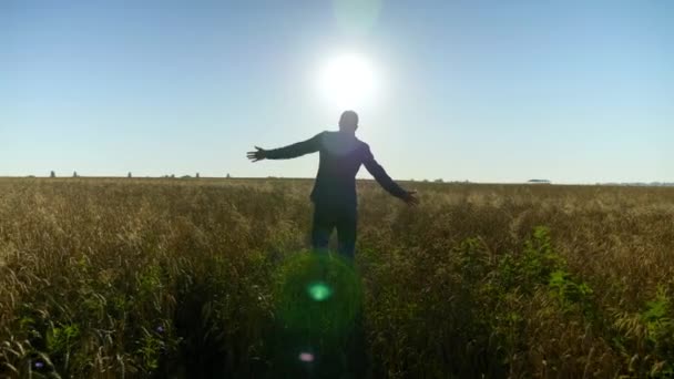 Farmer Businessman Raised Hands Walks Wheat Field Sunrise Man Agriculturist — Wideo stockowe