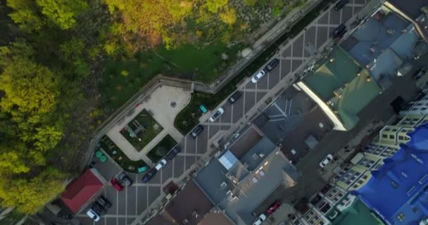 Aerial Top View Kyiv Roofs Streets Bald Castle Mountain Beautiful — Stock videók