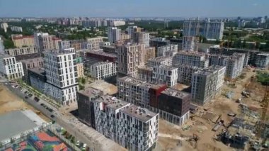 Drone aerial view cityscape modern building Residential complex Nice town. Construction of residential premises. Kyiv capital of Ukraine