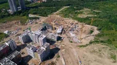Aerial view construction of residential premises. Drone shot modern building Residential complex Respublika. Kyiv capital of Ukraine