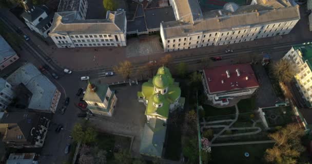 Aerial View Streets Kyiv Which Cars Drive Beautiful Sunset Sunrise — Stock videók